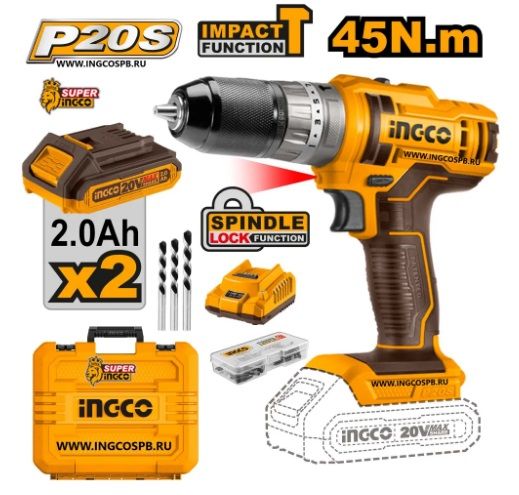 INGCO Дрель-шуруповерт аккумуляторная ударная Li-Ion  INDUSTRIAL 20W 2Ачх2шт/45 Нм/ 18+1+1