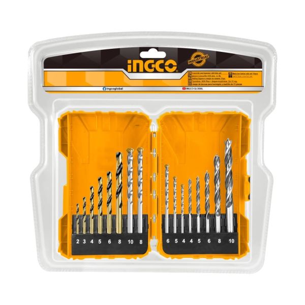 INGCO Набор сверл по металлу бетону дереву INDUSTRIAL 16 шт