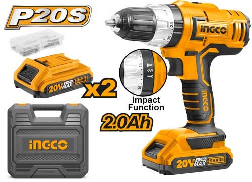 INGCO Дрель-шуруповерт аккумуляторная ударная Li-Ion  INDUSTRIAL 20W 2Ач (без акк)