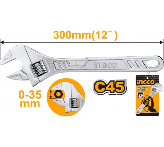 INGCO Ключ разводной 300 мм/ Регулируемый размер зева: 0-35 мм
