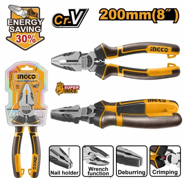 INGCO Плоскогубцы комбинированные с увеличенным рычагом INDUSTRIAL 200мм 8"