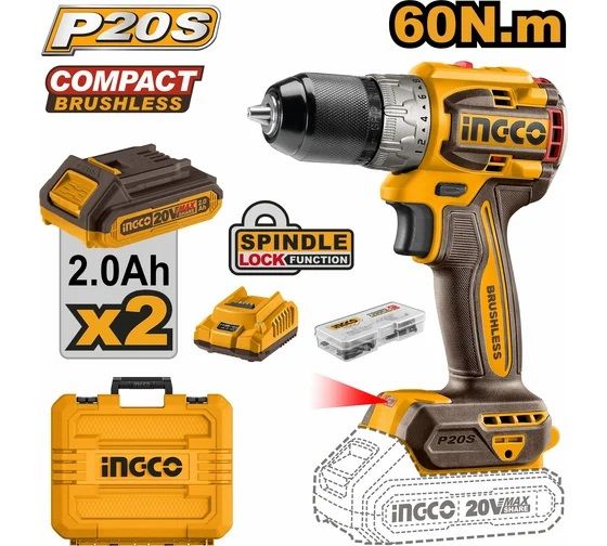 INGCO Дрель-шуруповерт аккумуляторная безударная Li-Ion INDUSTRIAL 20W 2Ач 2шт /60Нм/22+1