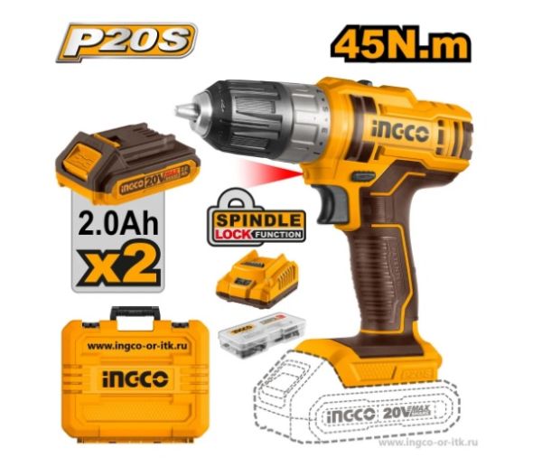 INGCO Дрель-шуруповерт аккумуляторная безударная Li-Ion INDUSTRIAL 20W 2Ач 2шт /45Нм/15+1