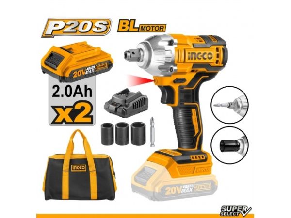 INGCO Гайковерт-импакт аккумуляторный бесщеточный ударный Li-Ion 20W 2Ач 2шт/ 220 Нм