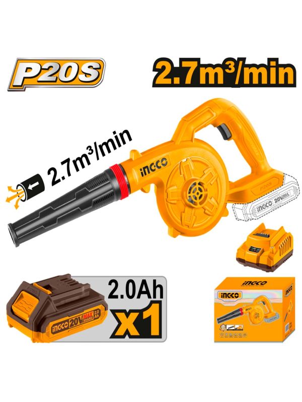 INGCO Воздуходувка аккумуляторная Li-Ion 20W 1x2 Ач/ Макс. объем воздуха: 2,7 м³/мин.
