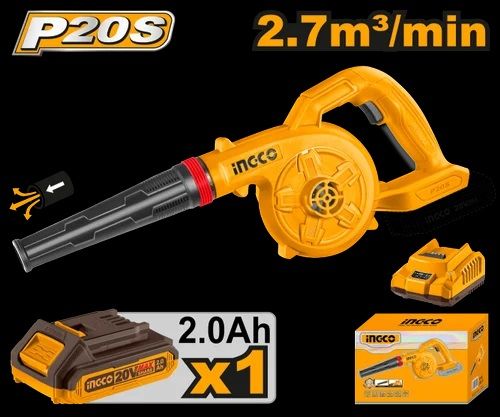 INGCO Воздуходувка аккумуляторная Li-Ion 20W 1x2 Ач/ Макс. объем воздуха: 2,7 м³/мин.