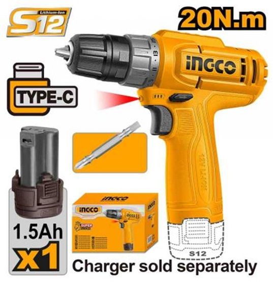 INGCO Дрель аккумуляторная Li-Ion 12W 1,5Ач 1шт/ 20 Нм/ 15+1/ USB type-C