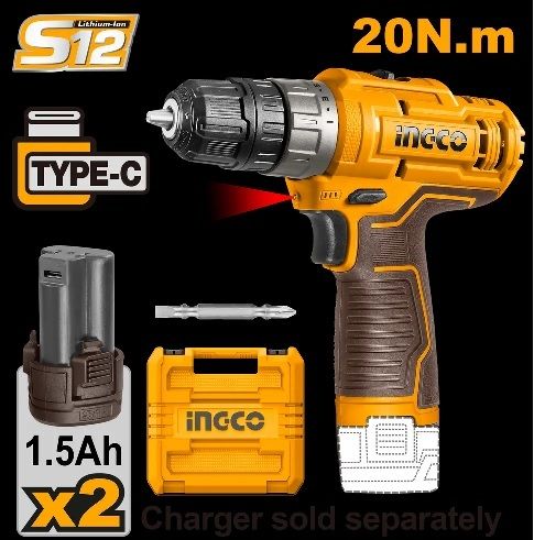 INGCO Дрель аккумуляторная Li-Ion 12W 1,5Ач 2шт/ 20 Нм/ 15+1/ USB type-C