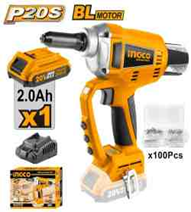 INGCO Заклепочник аккумуляторный INDUSTRIAL Li-Ion 20W Бесщеточный двигатель/ 1х2,0 Ач