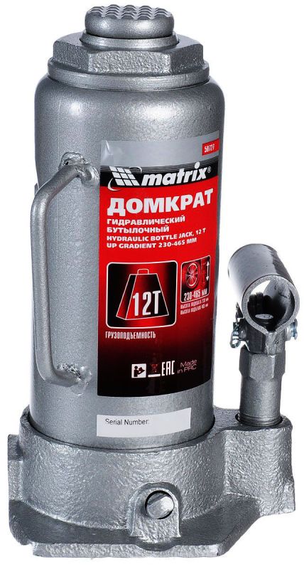 MATRIX Домкрат гидравлический бутылочный, 12 т., h подъема 230-465мм MASTER код 50727