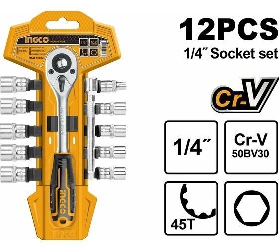 INGCO Набор головок с трещоткой INDUSTRIAL 12 шт 1/4"