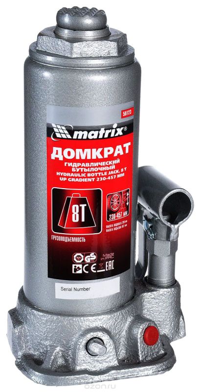 MATRIX Домкрат гидравлический бутылочный, 8 т., h подъема 230-457мм MASTER код 50723