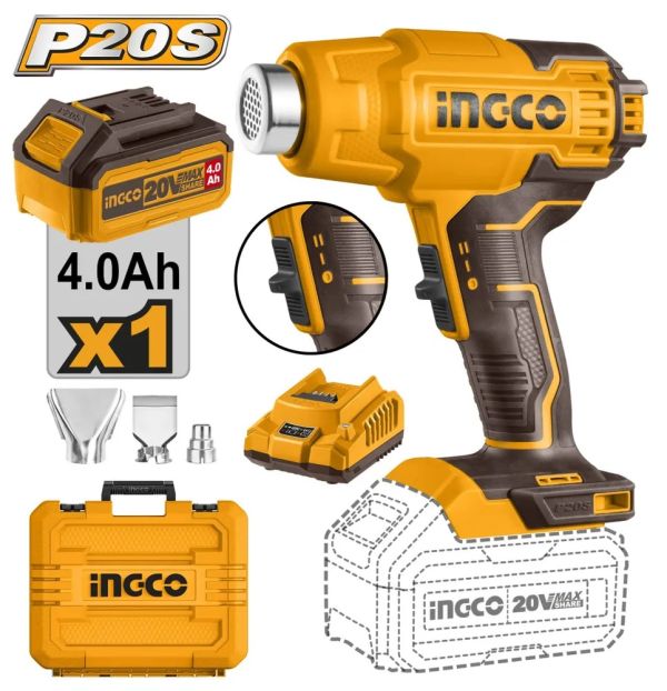 INGCO Фен аккумуляторный технический INDUSTRIAL 20W Li-ion 1x4 Ач/ 300 550°С