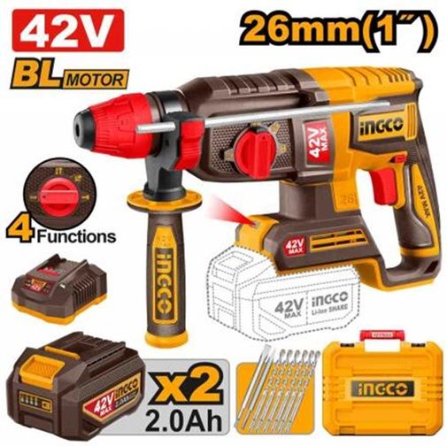 INGCO Перфоратор аккумуляторный бесщеточный SUPER INDUSTRIAL 42Vmax/ SDS-Plus/ 2.5 Дж/ 2x2 Ач