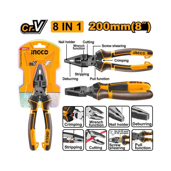 INGCO Плоскогубцы комбинированные многофункциональные 8-в-1 INDUSTRIAL 200мм 8"