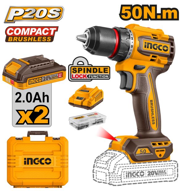 INGCO Дрель-шуруповерт аккумуляторная безударная Li-Ion INDUSTRIAL 20W 2Ач 2шт /50 Нм/ 15+1