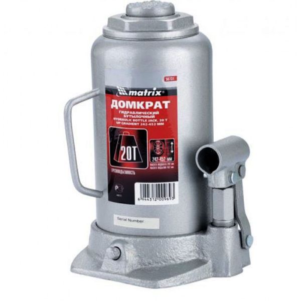 MATRIX Домкрат гидравлический бутылочный, 20 т., h подъема 242-452мм MASTER код 50778